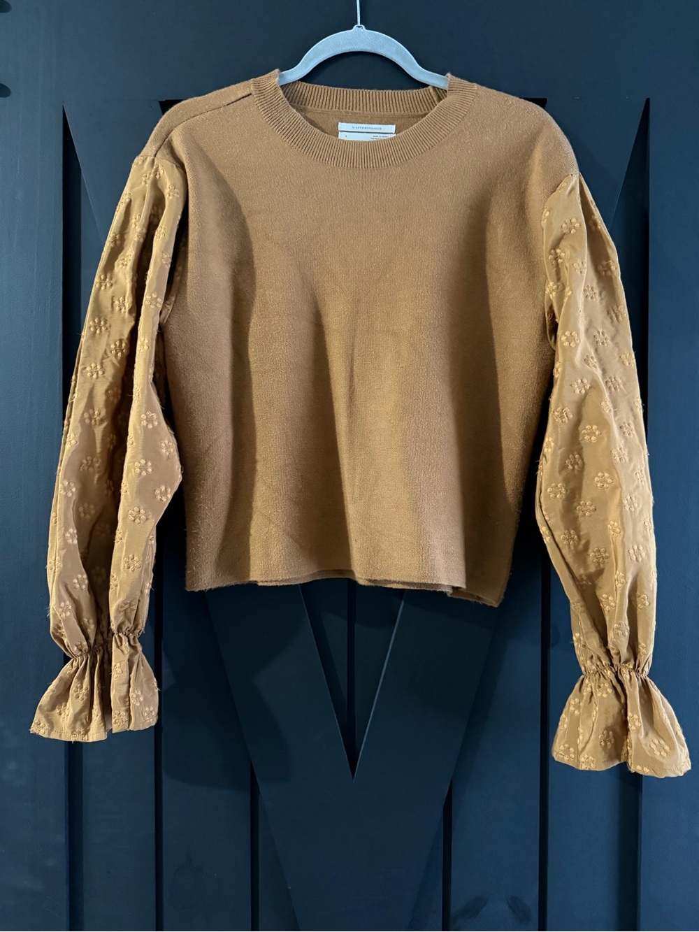 Anthropologie Camel Puff-Sleeve Crewneck Sweater,  Small